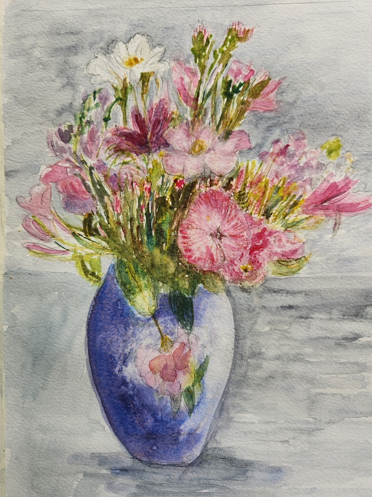 Flowers in a Blue Vase By Linda